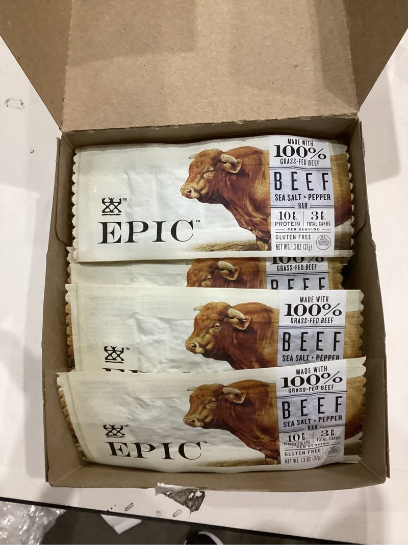 Condition photo showing As Is for EPIC Protein Bars, Beef Sea Salt Pepper, Keto and Paleo Friendly, 1.3 oz, 12 ct Beef Sea Salt & Pepper 12 Count (Pack of 1)