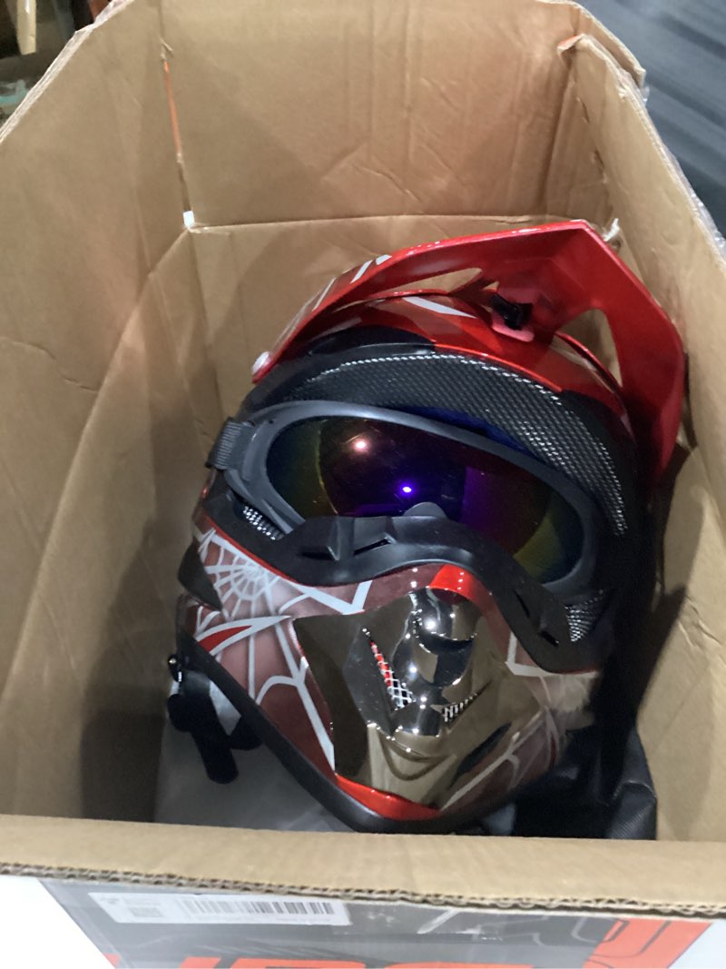 Condition photo showing Good Condition for youth dirt bike helmet dot certified for boys & girls ages 5-14, four wheeler, motocross, bmx, mx, utv, go kart, racing, skateboard, baseball red cobweb small