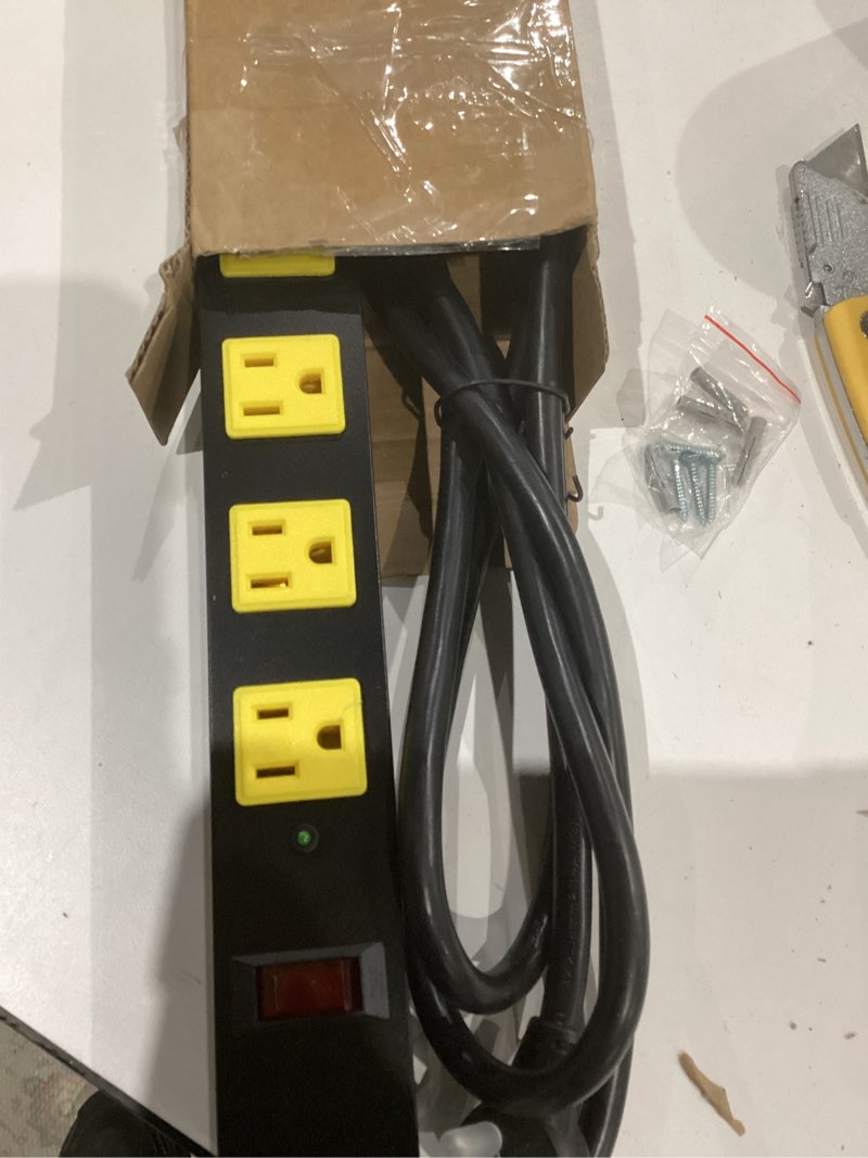 Condition photo showing Good Condition for Metal 12 Outlet Mountable Power Strip, Surge Protector Heavy Duty Cord Wide Spaced and Wall Mount Metal Powerstrip for Outdoor, Desk, Garage, Industrial, Shop and Indoor (6ft)