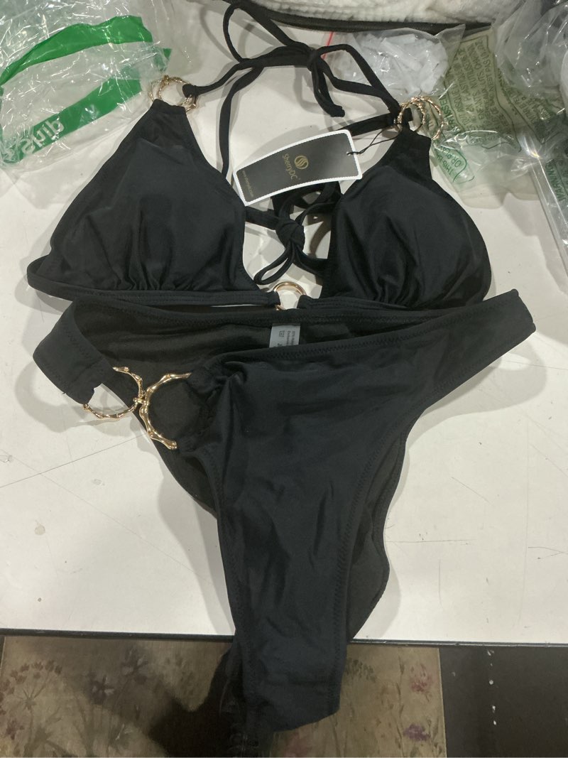 Condition photo showing Good Condition for sherrydc women's solid scoop neck push up padded brazilian thong bikini swimsuit bathing suit 235-black medium