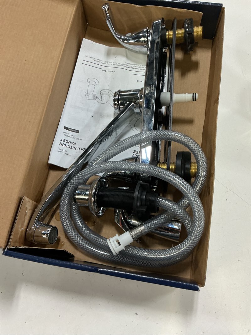 Condition photo showing As Is for project source dover chrome double handle deck-mount kitchen faucet (includes deck plate) (includes side sprayer)