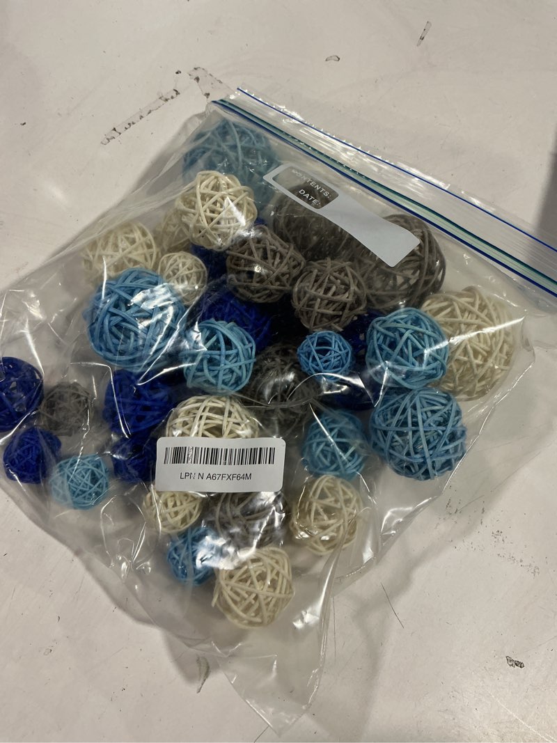 Condition photo showing Good Condition for Patelai 36 Pcs Wicker Rattan Balls Decorative Balls for Vase Centerpiece Bowls Orbs Filler for Home Decor,4 Sizes(Dark Blue, Sky Blue, Gray, White) Dark Blue, Sky Blue, Gray, White 2.4'',2'',1.6'',1.2''