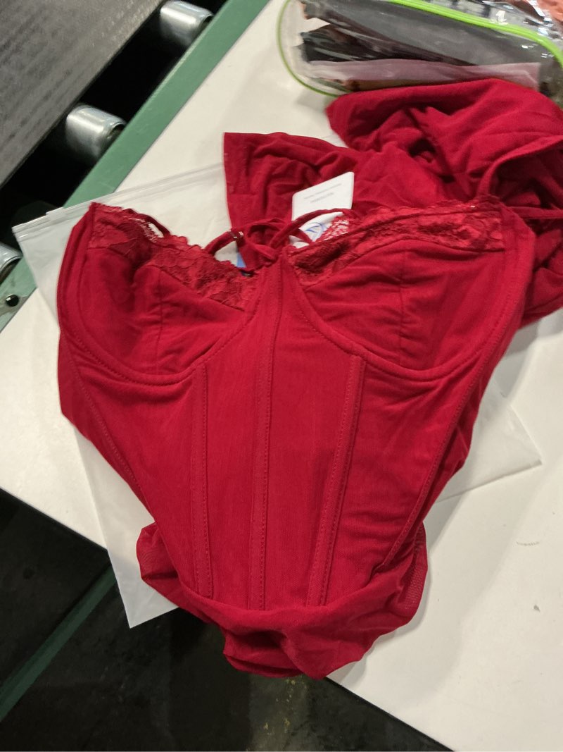 Condition photo showing New/Like New for KUTUMAI Vintage Lace Corset Floral Maxi Long Dress Bodycon Ruched Tie Formal Wedding Guest Dresses for Women Elegant Small Wine