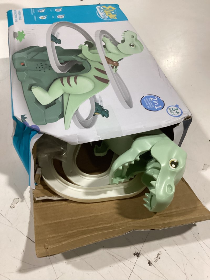 Condition photo showing Good Condition for dinosaur chasing race track, dinosaur climbing slide stair toy, electric dino roller coaster with light and music electric race track game set fun track slide dinosaur slide