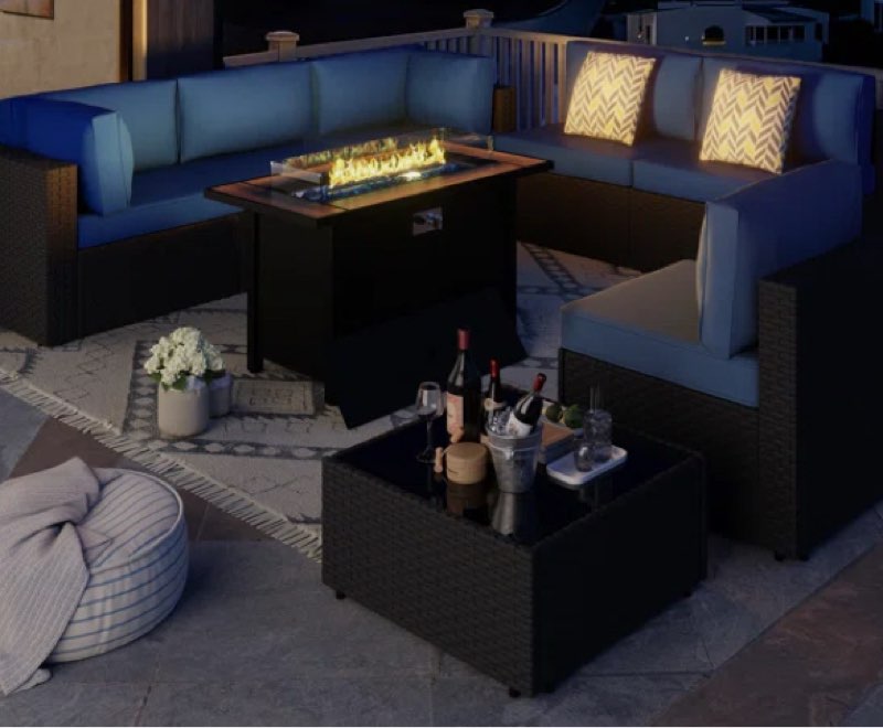 Emanie 6 - Person Outdoor Rattan Furniture Patio Set with Fire Pit Table Frame Color/Finish: Black, Cushion Color: Navy Blue