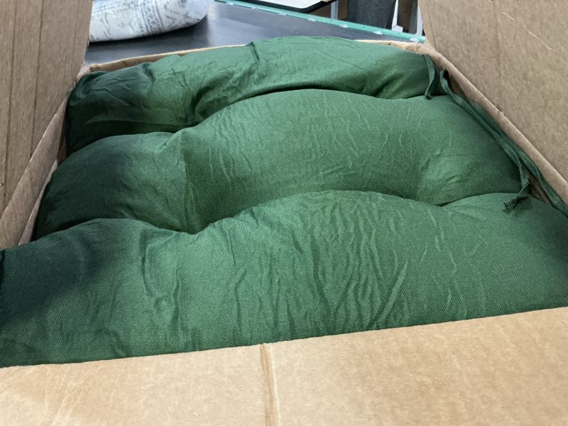Condition photo showing As Is for ipynbap outdoor chair cushions set of 4, patio chair cushions with ties, 19x19+5” tufted outdoor seat cushions, waterproof patio furniture cushions, outdoor dining chair pads, forest green forest green 19*19+5”/4pcs