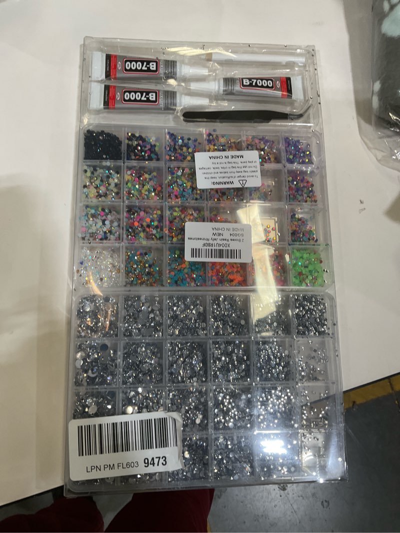 Condition photo showing As Is for 2 Boxes Rhinestones for Bedazzling Kits, Multicolor 3mm & Silver Clear 2/3/4/5/6mm Resin Flatback Gems for Diamond Art, Bedazzler Kit with 3Pcs 10ml B7000 Jewelry Glue for DIY Crafting Crafts Decor