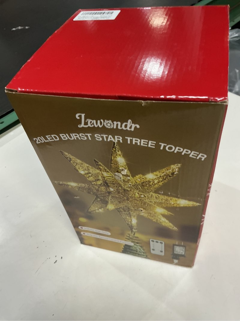 Condition photo showing New/Like New for lewondr christmas tree topper, plug in 3d starburst xmas lighted star tree topper, remote control & 