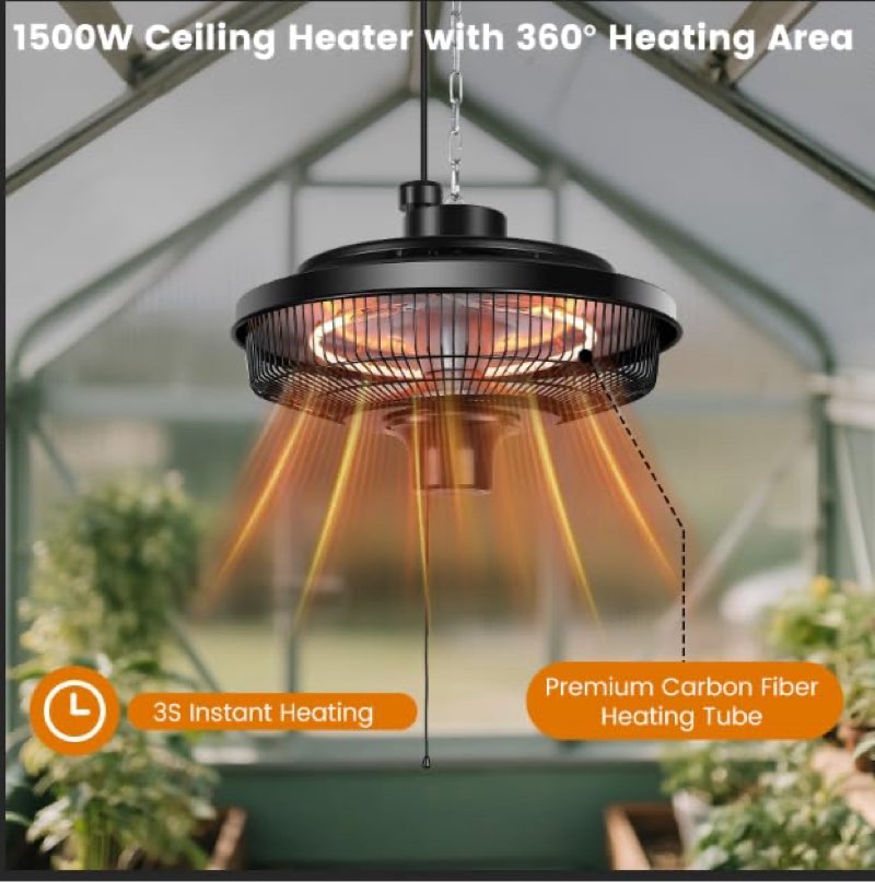 fanspex hanging patio heater, 1500w electric infrared heaters for home, gazebo, garage, greenhouse, 