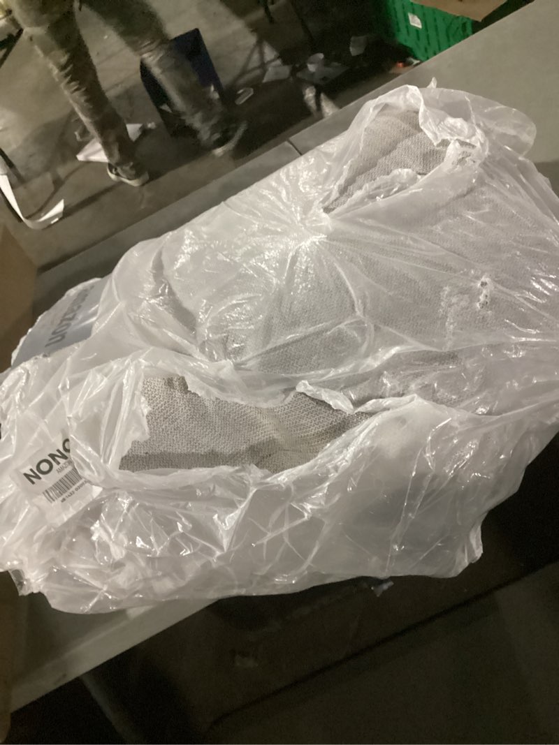 Condition photo showing As Is for Amazon Basics Thin Indoor Area Rug, Geometric Printed Washable Home Decor Carpet for Living Room Bedroom, 5' W × 7' L, Beige Geometric