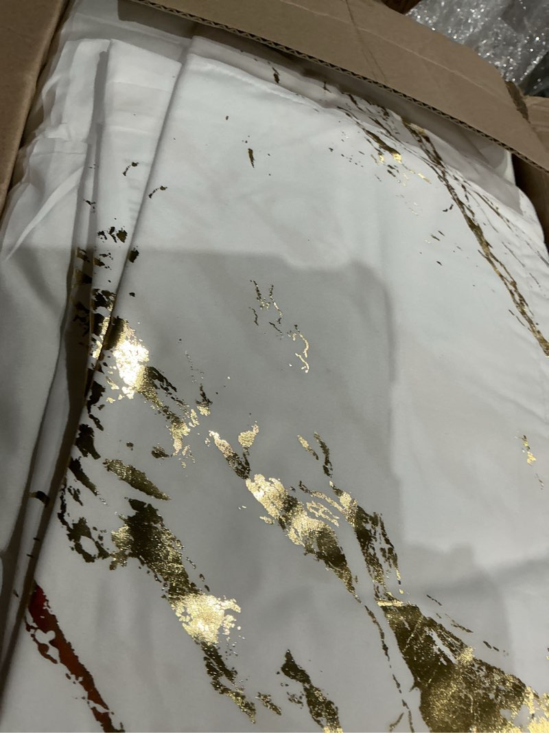 Condition photo showing Good Condition for wongs bedding white gold metallic marble comforter set california king foil print glitter bedding sets with 2 pillowcases for all seasons, soft microfiber filling bedding duvet set 104"x96" white california king(104"x96")
