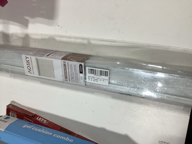 Condition photo showing Good Condition for aosky light filtering roller shades cordless blinds for windows, 1% openness free-stop shades with valance, thermal insulated fabric, uv protection, natural woven blinds?23" w x 72" h, white? white 23"w x 72"h