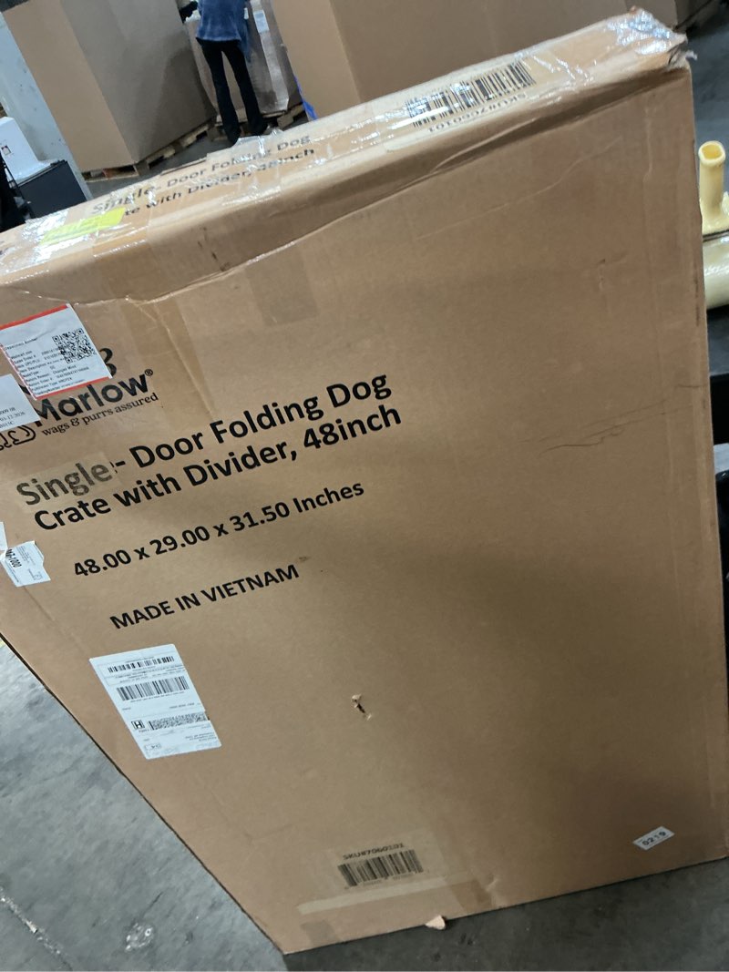 Condition photo showing As Is for max & marlow single-door dog crate, foldable metal wire kennel, portable, tray and divider included, 48" x 29" x 31.5"