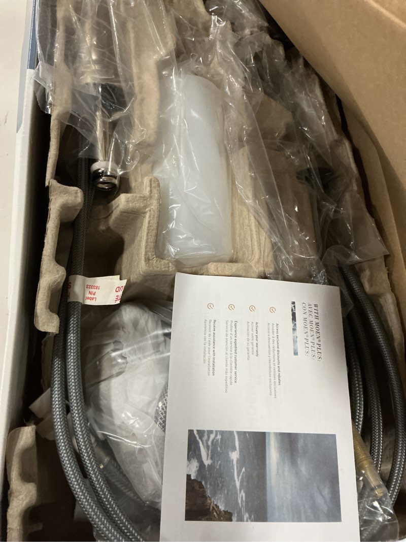 Condition photo showing As Is for moen edison spot resist stainless one-handle high arc 4-hole kitchen faucet with side sprayer and soap dispenser, 87042srs