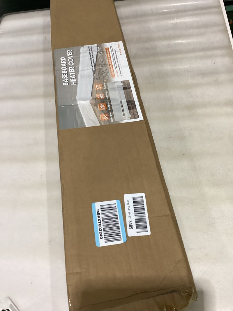 Condition photo showing As Is for 6ft steel easy slip-on baseboard heater cover, no end caps, for bathroom & hydronic system for extending cover, white cover 6ft ?no end caps?