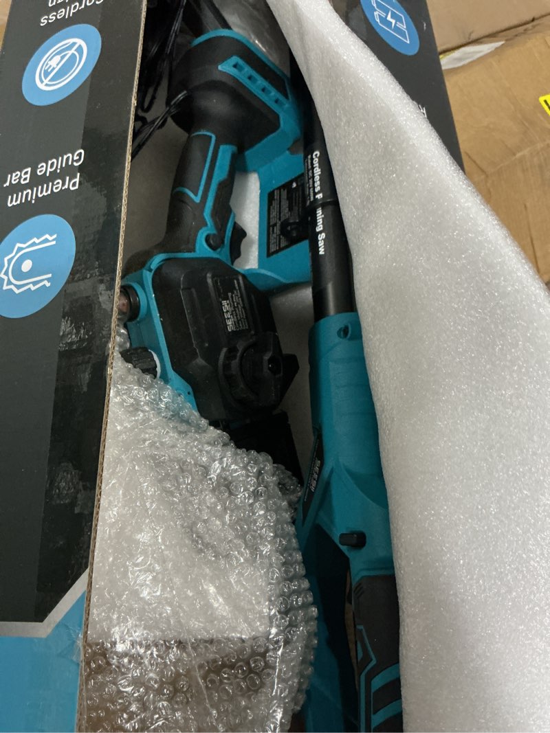 Condition photo showing As Is for SEESII 2-in-1 Electric Pole Saws for Tree Trimming, 6 Inch Mini Chainsaw Cordless with Extension Pole, Battery Powered Pole Chain Saw, Tree Trimmer Limb Branch Cutter Pruner with 2 Battery PS600 Blue