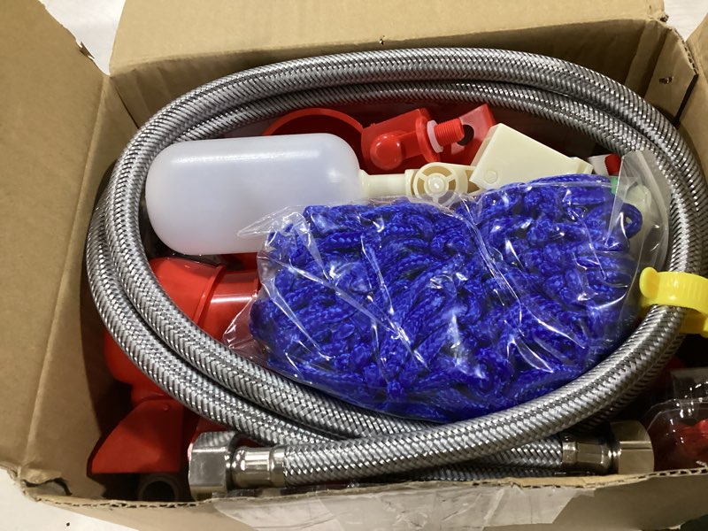 Condition photo showing As Is for 57 pcs automatic chicken waterer system set, chicken watering system kit with 8 chicken water cups, float valve, water system for chickens ducks quail poultry red 57