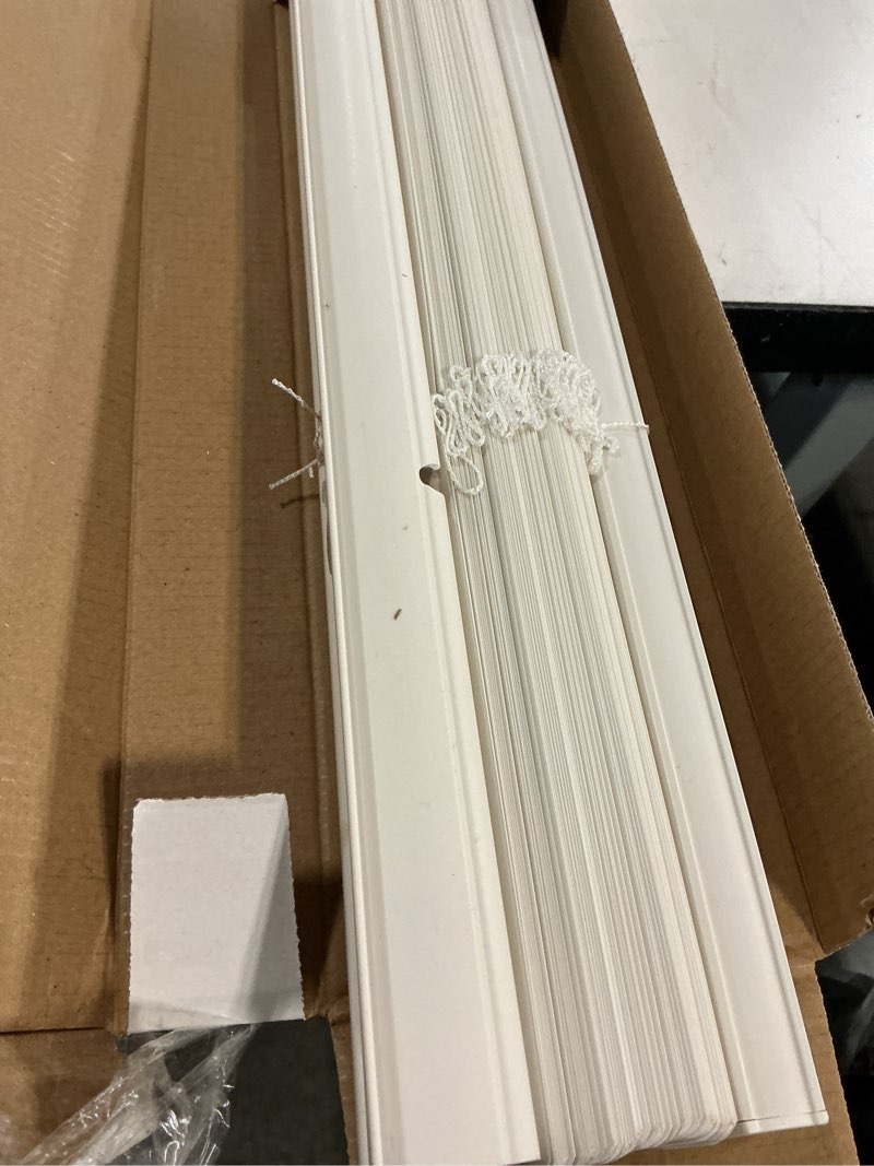 Condition photo showing As Is for mainstays cordless 1" vinyl light filtering blinds, white, 35" width x 64" length