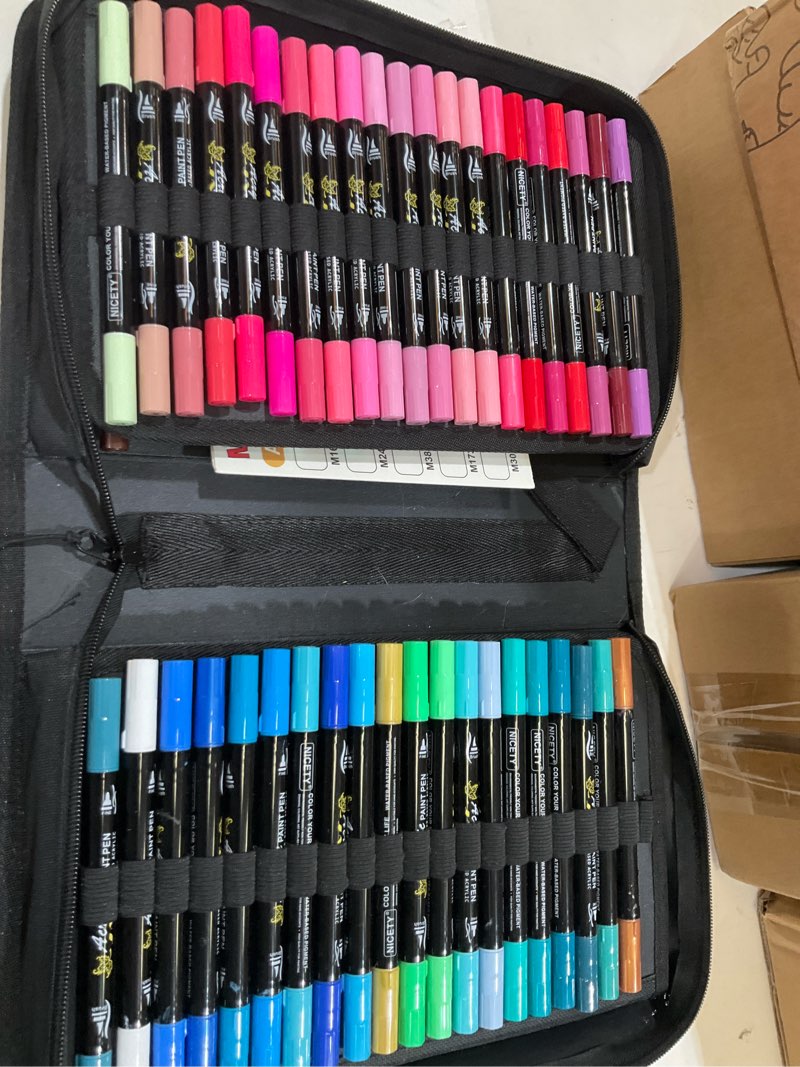Condition photo showing Good Condition for nicety 128 acrylic paint markers, dual tip brush paint pens for rock painting, wood, glass, stone, canvas, ceramic, fabric - fine & brush tip water based acrylic markers pens 128 colors