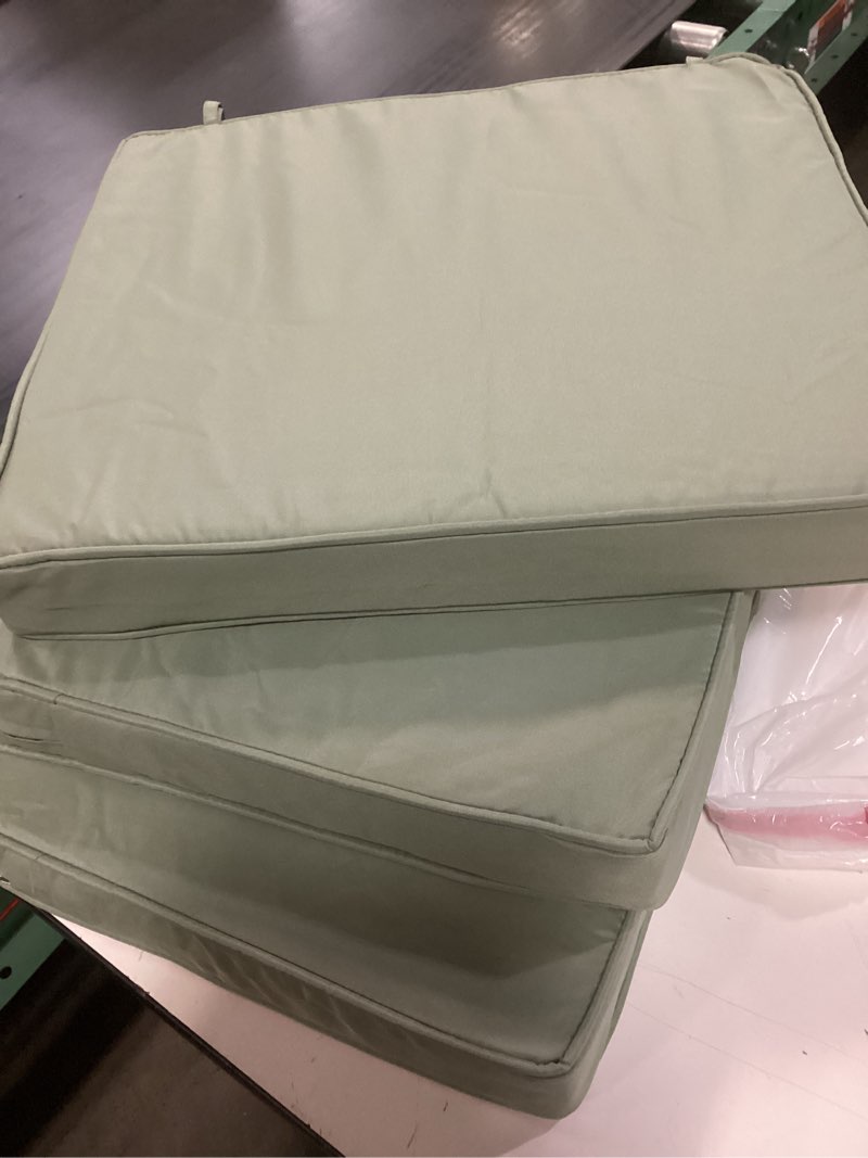Condition photo showing Good Condition for outdoor chair cushions 16 x 17 inch water resistant patio chair cushions with tie 3 year color fastness thick outdoor seat cushion for garden lawn patio furniture sage green set of 2 17*16*2 inch (square) sage green 2