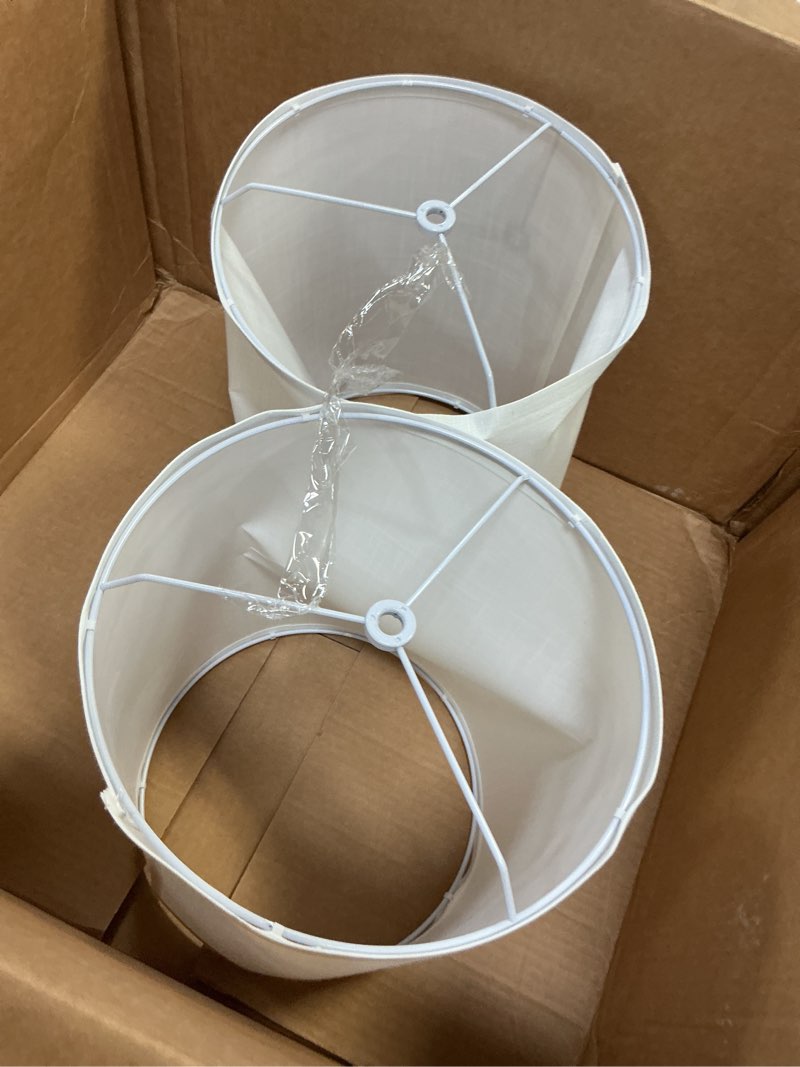 Condition photo showing As Is for Tall Lamp Shades Set of 2, Drum Lampshade for Table Lamps Floor Lamp, 10" Top X 10" Bottom X 13" High White Large Line Fabric Lamp Shades, Easy Assembly Replacement Lampshades