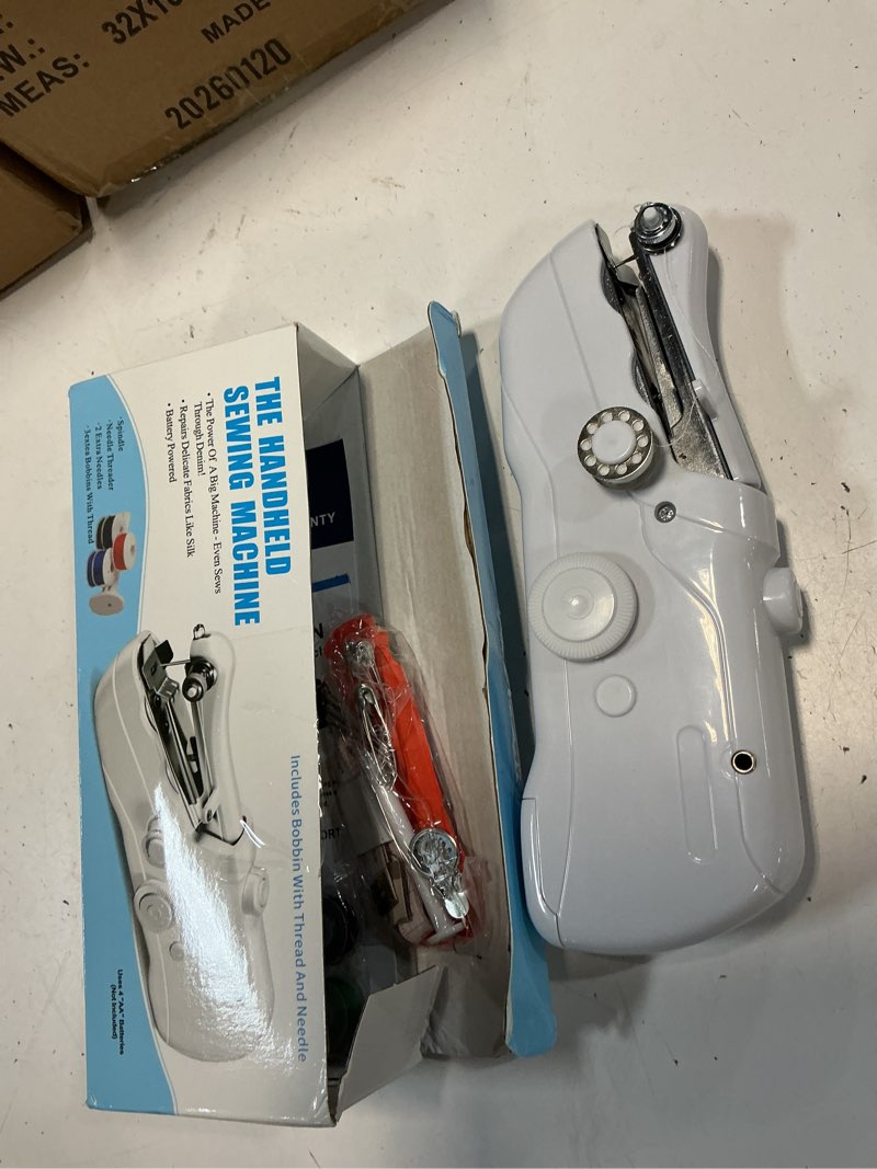 Condition photo showing As Is for portable handheld sewing machine for adults - mini hand held sewing stitching machine for beginners - small electric cordless for quick fabric home travel clothes pants diy fabric denim (white)