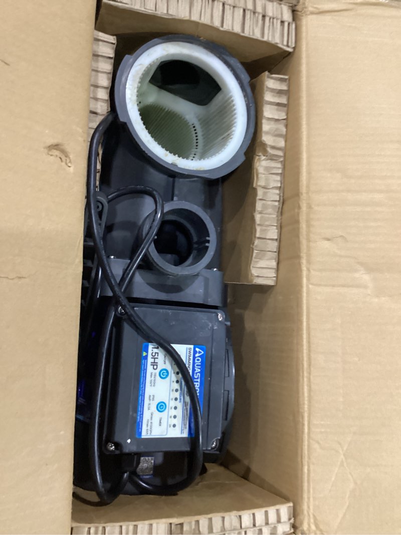 Condition photo showing As Is for aquastrong 1.5hp in/above ground pool pump with timer, 115v, 8100gph, high flow, powerful self primming swimming pool pumps with filter light blue