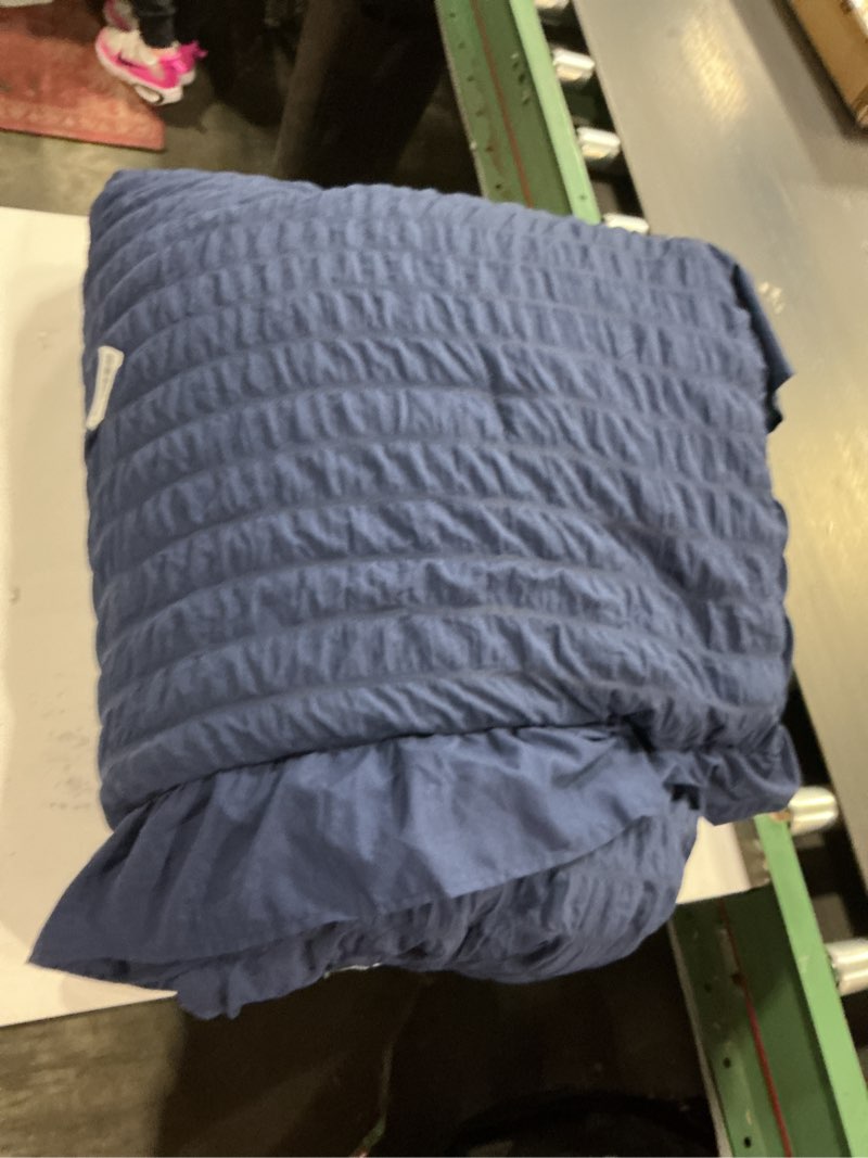 Condition photo showing Good Condition for JOLLYVOGUE Navy Blue Queen Comforter Set, 3 Pieces Seersucker Comforters Queen Size, Lightweight & Fluffy Bedding Sets Queen for All Season with 1 Ruffle Comforter and 2 Ruffle Pillowshams Queen Navy Blue