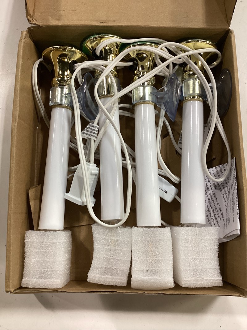 Condition photo showing As Is for 4PCS Christmas Electric Window Candle Lights with Gold Base Outlet, 5FT Window Candle Lights Cord with 0.6W C26 Clear Bulb On/Off Switch Plug-in 4 Suction Cups for Christmas Window Home Decoration