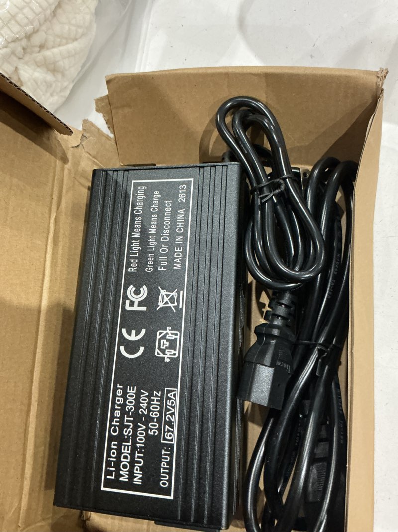 Condition photo showing As Is for 67.2v 5a fast charger for 16s 60v li-on lithium battery, c13 plug 3-pin iec battery charger 67.2v ac/dc power supply adapter charger with aluminum case & cooling fan