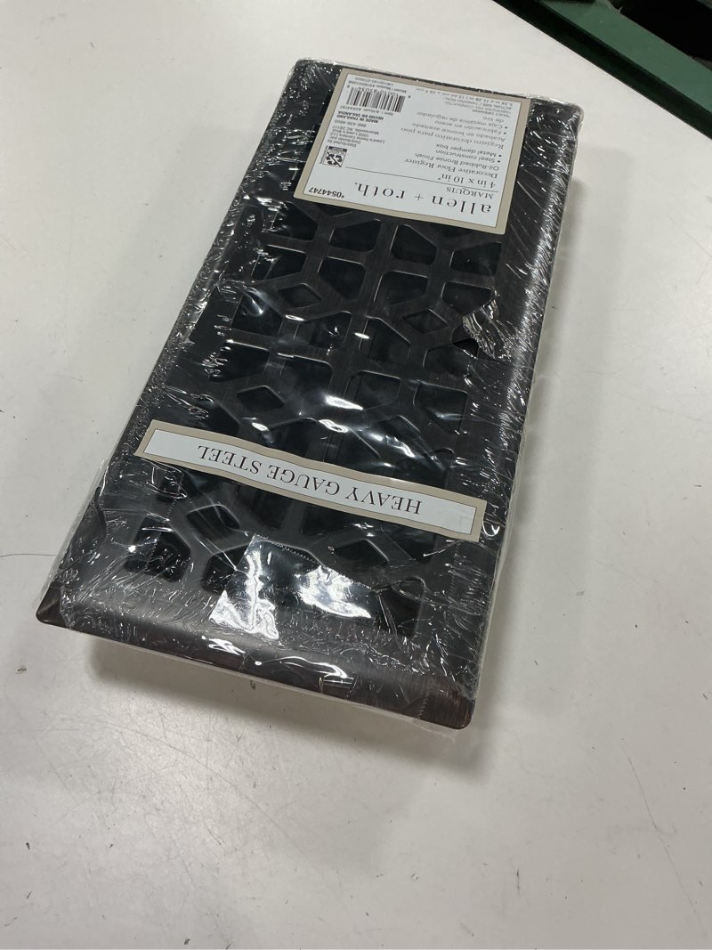 Condition photo showing New/Like New for allen + roth 4-in x 10-in maximum airflow steel oil-rubbed bronze marquis design floor register