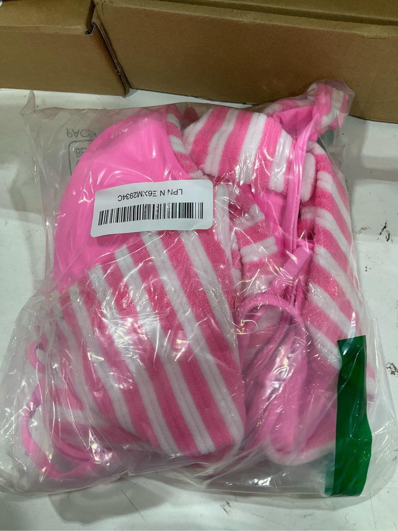 Condition photo showing New/Like New for seamolly terry cloth contrast color striped halter tie side tankini set, light pink, l