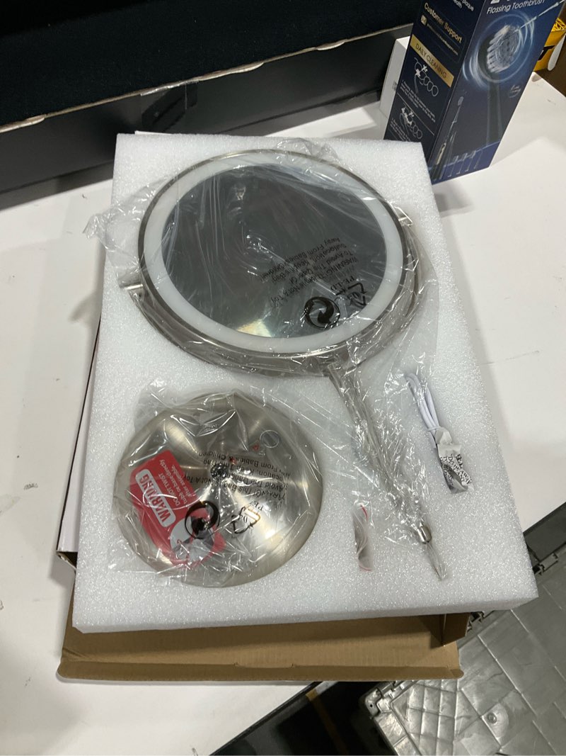 Condition photo showing New/Like New for 9" lighted makeup mirror, 1x/20x rechargeable magnifying mirror with 3 color dimmable lights for bedroom tabletop, base charging and switch, women gift brushed nickel 20x