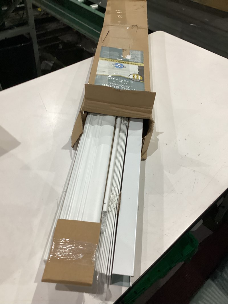 Condition photo showing As Is for lotus & windoware cordless, 2 inch faux wood blind, 34" wide x 72" long, window blinds, blinds & shades, blinds for indoor windows, embossed, bright white