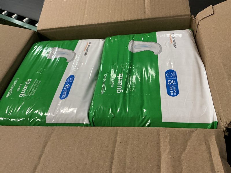 Condition photo showing New/Like New for amazon basics men's incontinence guards, maximum absorbency, moisture-wicking with odor protection, one size fits most, 104 count (2 packs of 52)