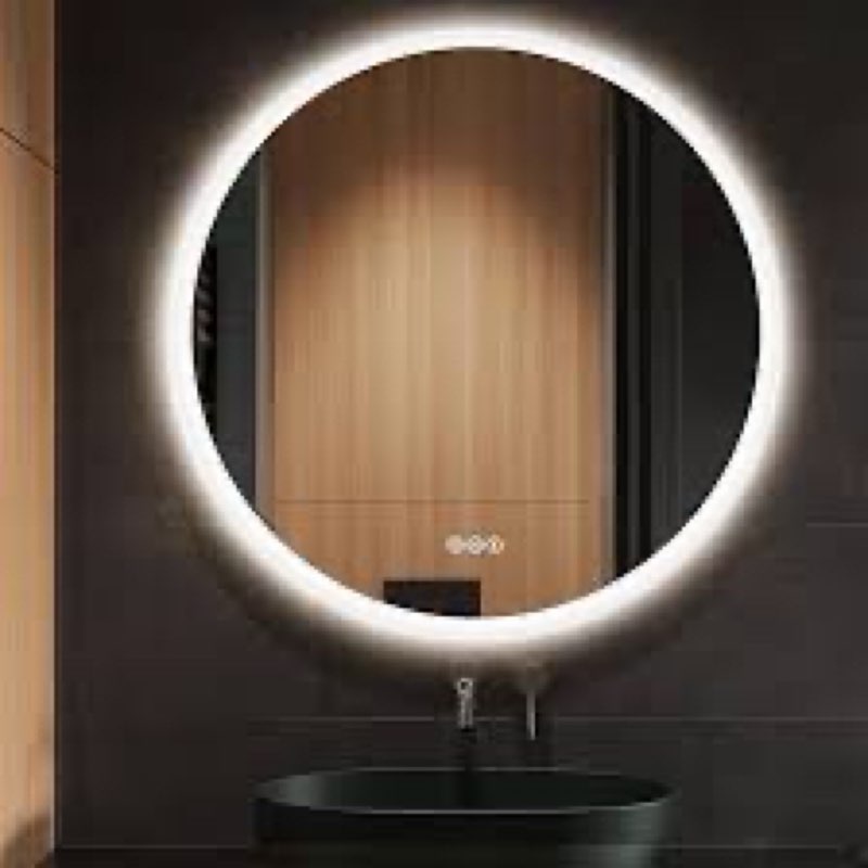 S·BAGNO 24'' Round Bathroom Mirror with Lights, LED Bathroom Vanity Wall Mirror with Anti-Fog, Stepl