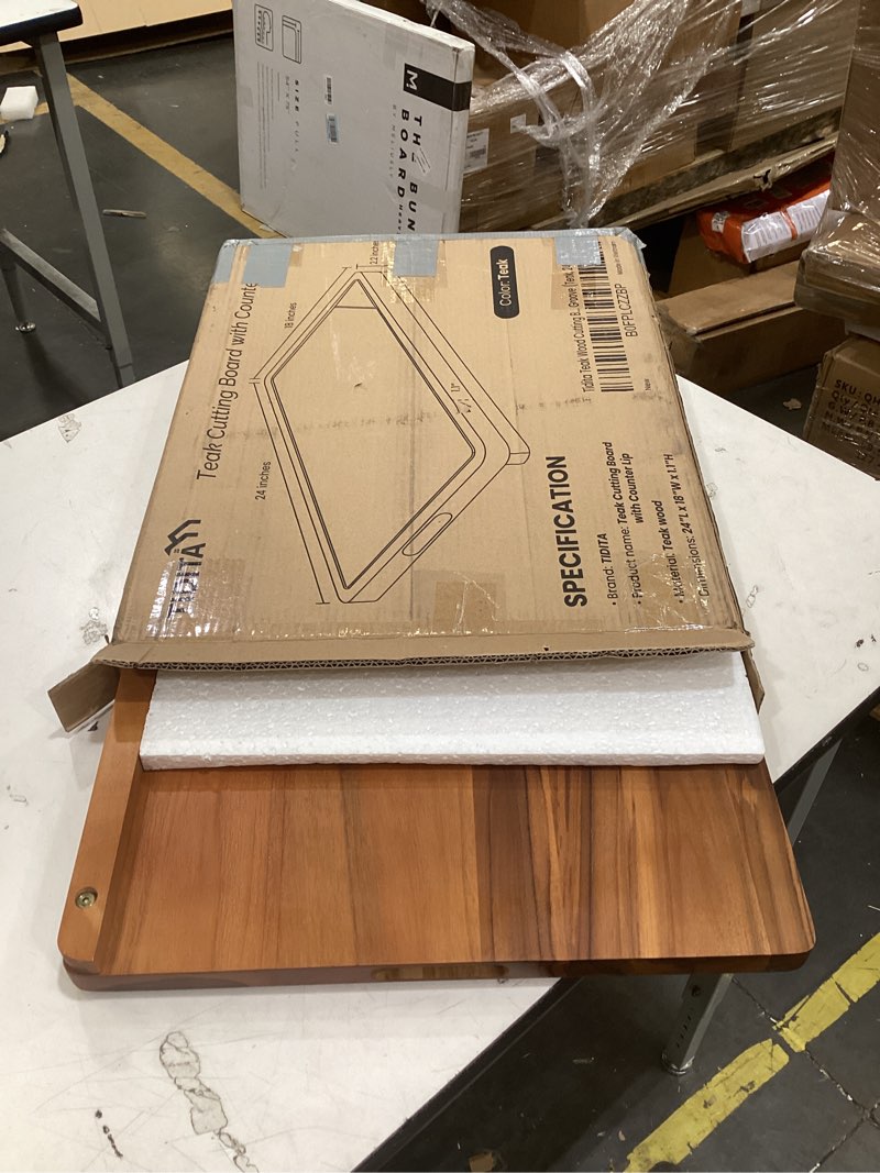 Condition photo showing Good Condition for tidita teak wood cutting board with lip - 16” x 12” wooden chopping boards for kitchen - serving platter, pastry board, wooden cutting board with counter lip, handles - teak, juice groove, removable 16"l x 12"w