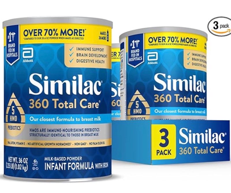 similac 360 total care infant formula, has 5 hmo prebiotics, our closest prebiotic blend to breast milk, non-gmo, baby formula powder, 36-oz value can, pack of 3