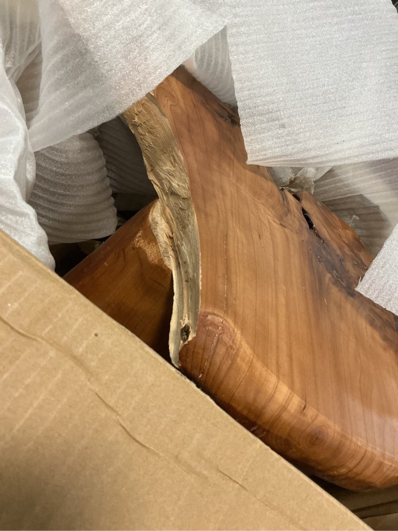 Condition photo showing As Is for 19.5 inch live edge side table, wood small end table with waterproof, rustic accent table unique for living room, bedroom, home, freeform 19.5"d x 19.5"w x 20"h