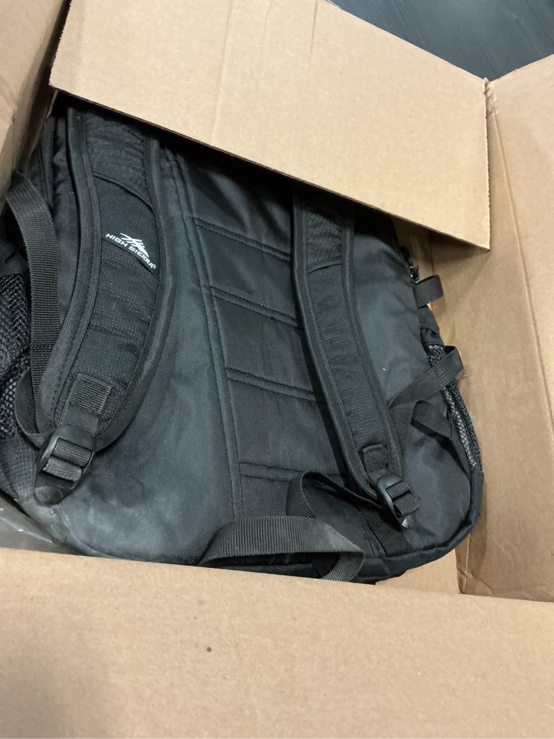 Condition photo showing As Is for high sierra loop backpack, travel, or work bookbag with tablet sleeve, one size, black one size black