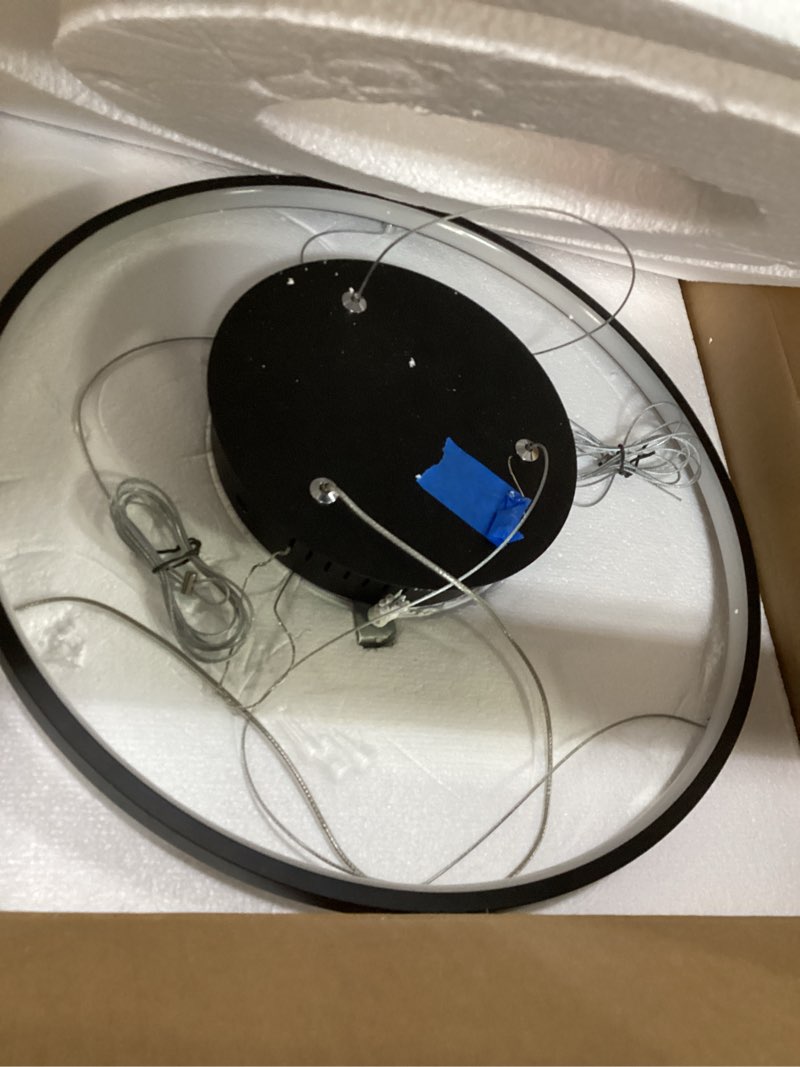 Condition photo showing As Is for jonathan y 15.75" matte black modern integrated led pendant light, dimmable round hoop chandelier for kitchen island, dining room, adjustable height metal hanging light jyl7202a matte black 15.75"