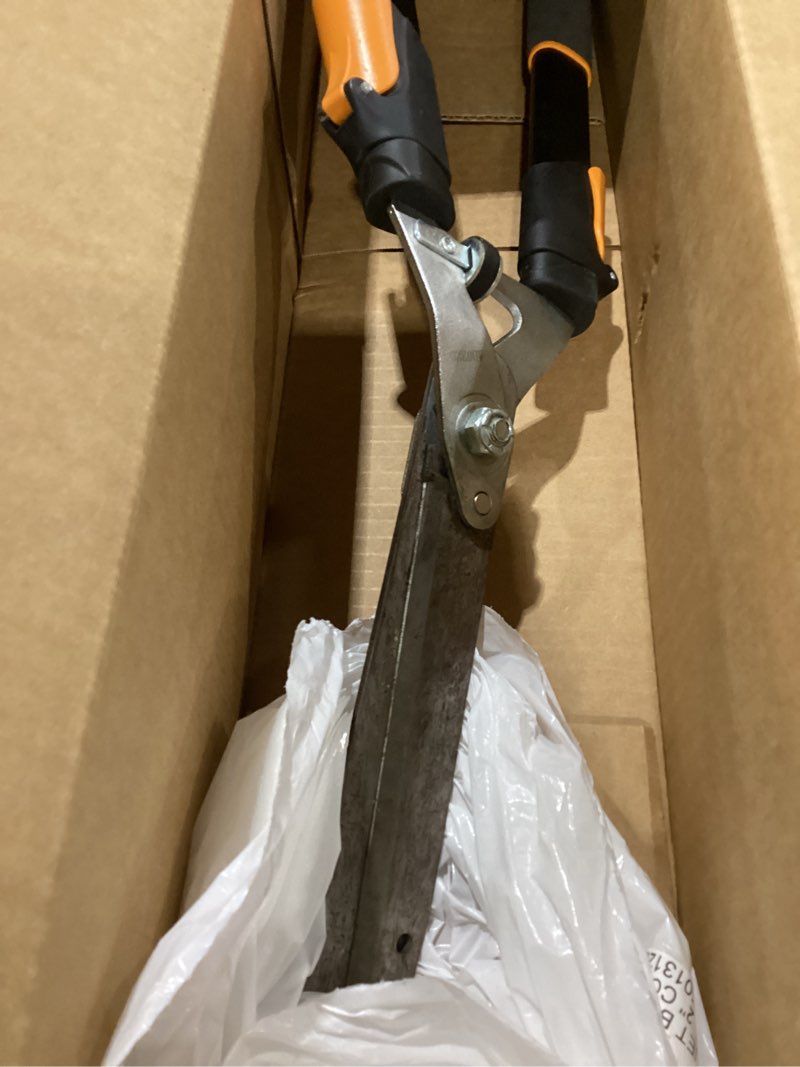 Condition photo showing As Is for fiskars power-lever extendable hedge shears, self-sharpening serrated steel blades for clean cuts, handles adjust 25"-33" for high reach, multiplies leverage for 2x power, 10" blades, orange/black 25-33" power-lever