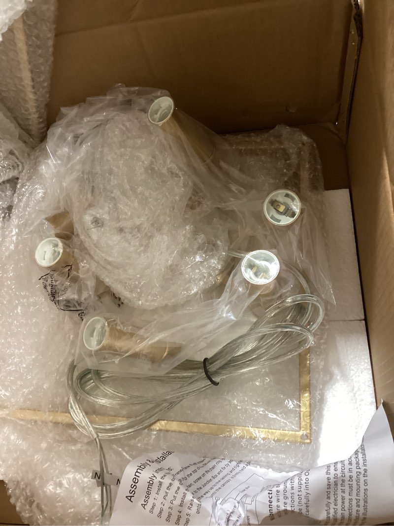 Condition photo showing Good Condition for melucee 4-light gold farmhouse chandelier iron lantern pendant light rustic cage hanging light fixtures industrial foyer lights for kitchen island dining room hallway foyer entryway, e12 base gold 4-light