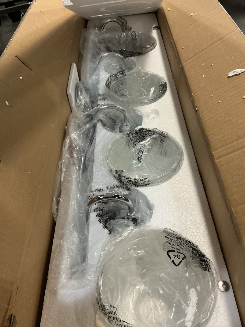 Condition photo showing Good Condition for Archie Collection Four-Light Polished Chrome Clear Double Prismatic Glass Coastal Bath Vanity Light