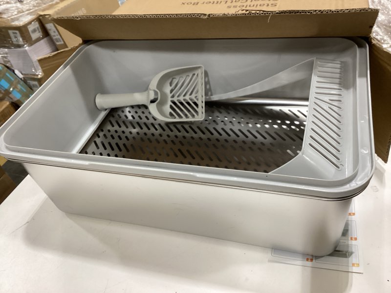 Condition photo showing New/Like New for Stainless Steel Sifting Litter Box, Sifting Cat Litter Boxes with Lid, Pellet Litter Box for Big Cat and Multi Cats with Scoop | High Sided, Anti-Urine Leakage, Non-Stick, Easy Cleaning XX-Large Silver Gray