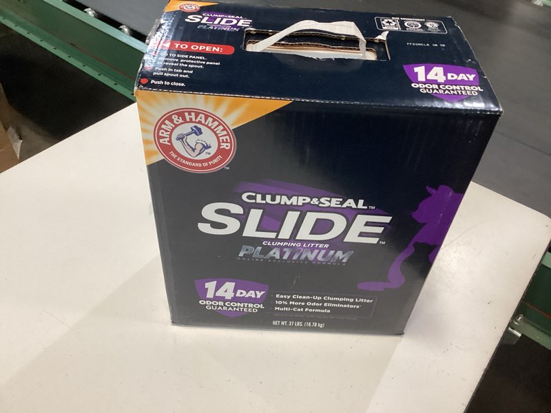 Condition photo showing As Is for arm & hammer clump & seal slide platinum multi-cat clumping cat litter, easy clean technology with no scrubbing, 14-day odor control, 37 lbs slide platinum clumping litter