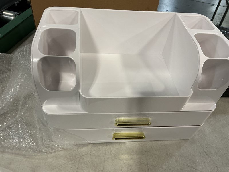 Condition photo showing Good Condition for hblife makeup organizer for vanity with brush holder, large bathroom countertop cosmetic organizer skin care storage, easy to store lipsticks, nail polishes, perfumes, eyeshadow palettes, all white all white large