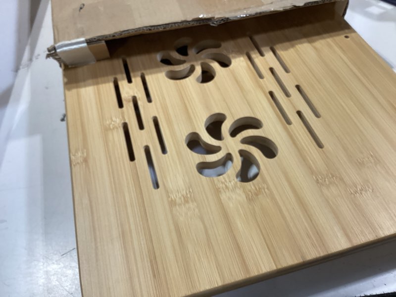 Condition photo showing Good Condition for bamboo laptop lap desk with vent, folding lap tray table with adjustable height, tilting top and drawer, portable for bed couch working reading writing