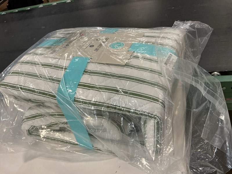 Condition photo showing Good Condition for martha stewart - king quilt set, 100% soft & breathable bedding with a lightweight feel for year round comfort, 3 piece bed set with matching pillowcases (ticking stripe green) king ticking stripe green