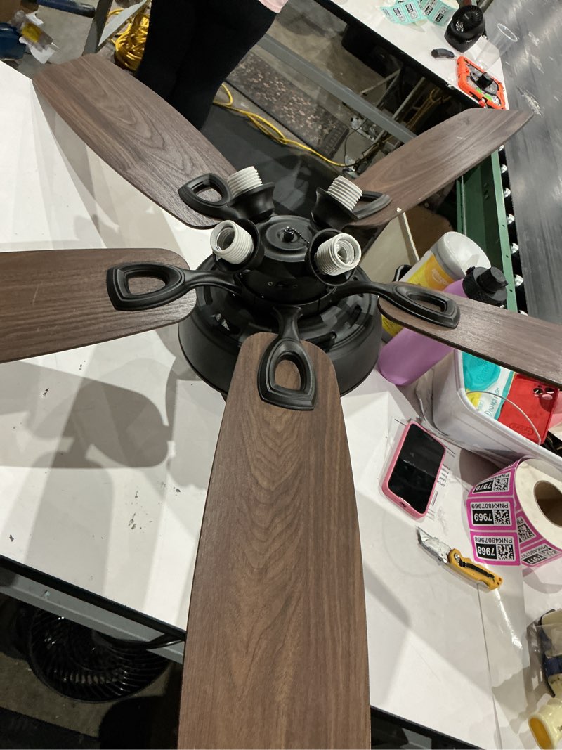 Condition photo showing As Is for hunter builder plus 52-in matte black ceiling fan with light and pull chain included